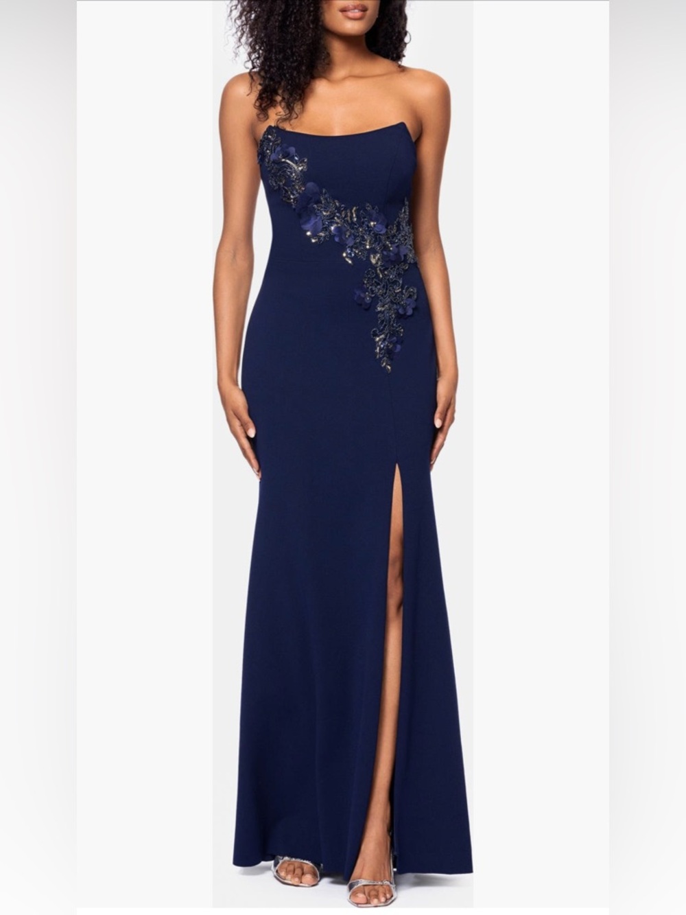 Betsy Adam SZ 4 Navy Strapless Beaded Floral Slit Gown NWT Formal Dress GALA MOB